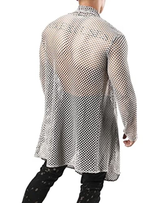 Men’s Mesh Fishnet Cardigan Fitted Muscle Top Medium Grey