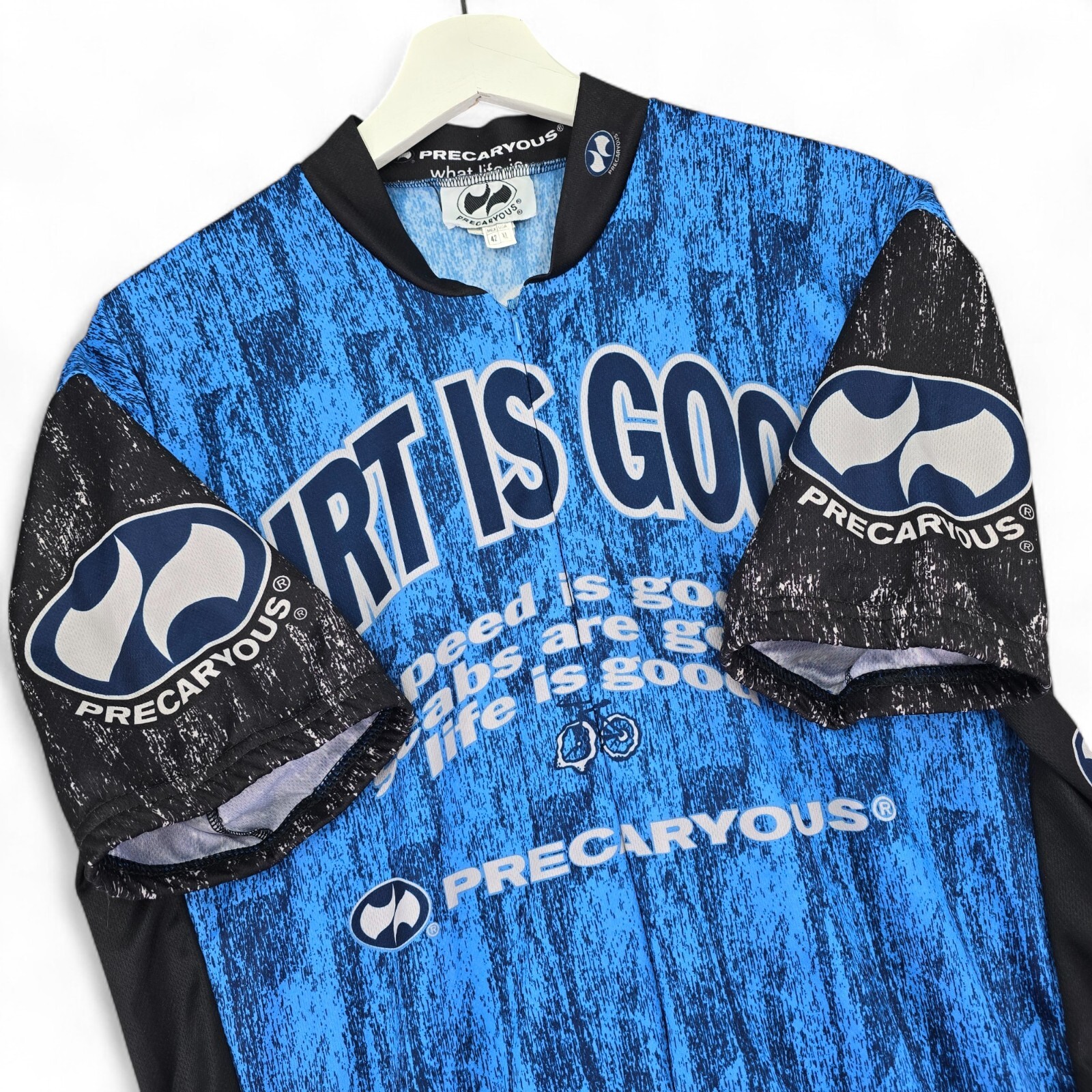 Precaryous Mens XL Cycling Jersey Dirt Is Good 3/4 Zip Pockets Blue Black