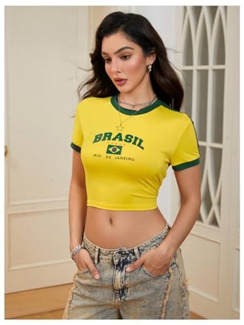 Women’s Brazil Shirt Crop Top Crewneck Vintage Short Sleeve Tops Medium Yellow