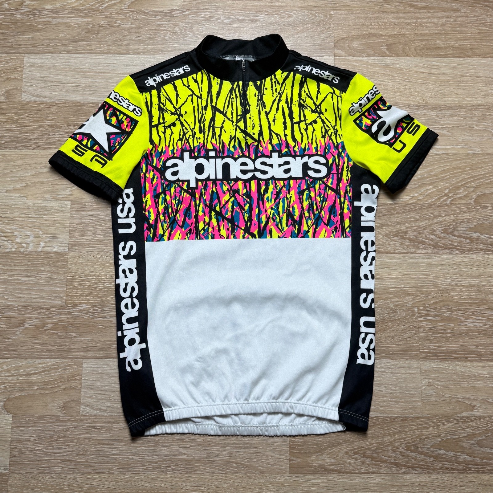 Rare Vintage 90s Alpinestars USA Cycling Retro Jersey Neon Splatter T-Shirt Sz L