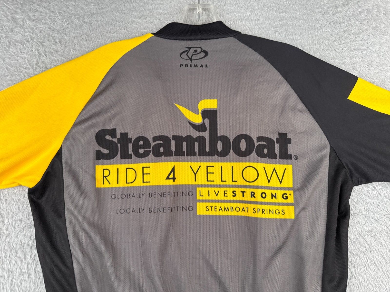 Primal Cycling Jersey Mens Medium Gray Yellow Full Zip Livestrong BAD ZIPPER