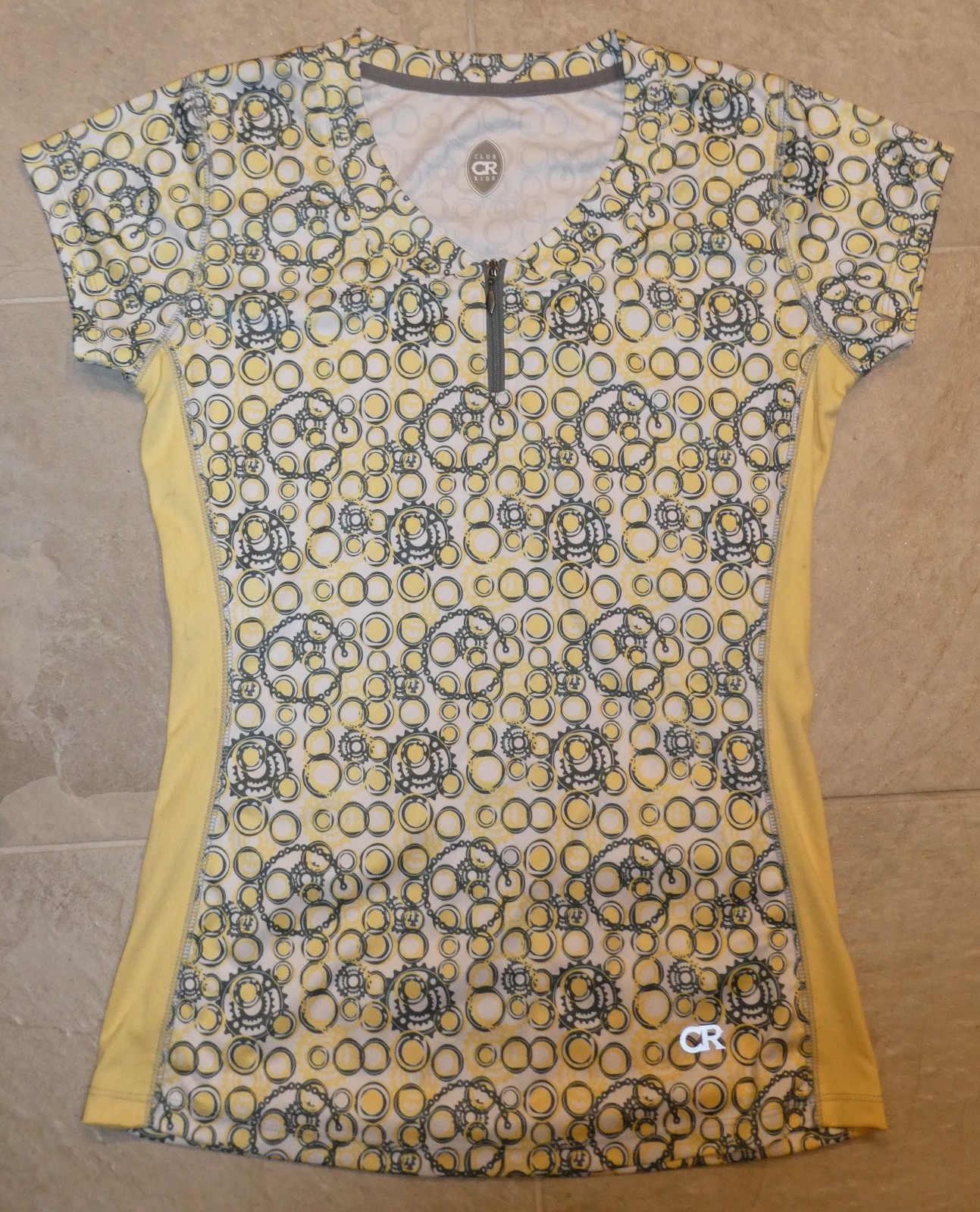 Club Ride women’s yellow/gray/white gear print stretch bike/cycling jersey Sz S
