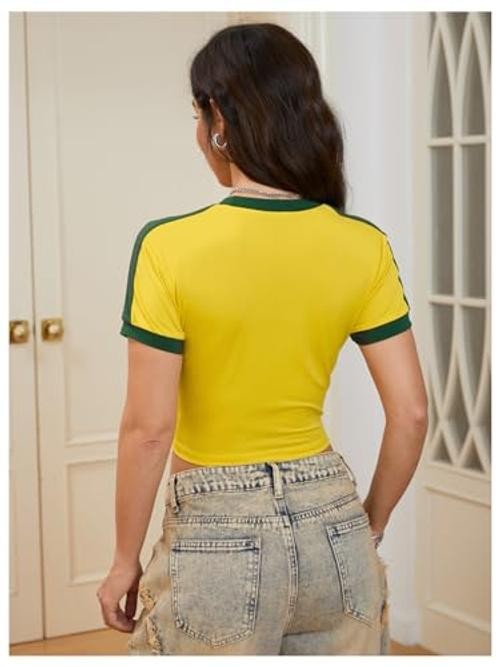 Women’s Brazil Shirt Crop Top Crewneck Vintage Short Sleeve Tops Medium Yellow