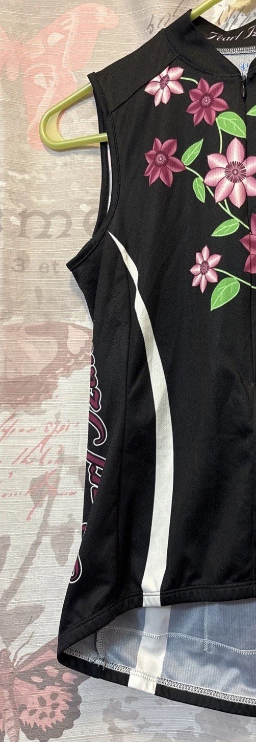 PEARL IZUMI Sz Small Cycling Shirt Sleeveless Black Floral Print 3/4 Zipper