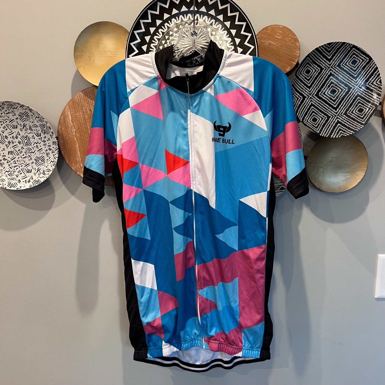 Nine Bull Mens Cycling Jersey Blue Pink Geometric Full Zip Short Sleeve Mesh L