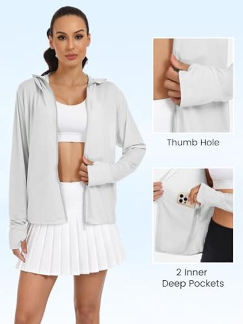 Women UPF 50+ Sun Protection Jacket Hoodie Lightweight Full Zip Large Grey