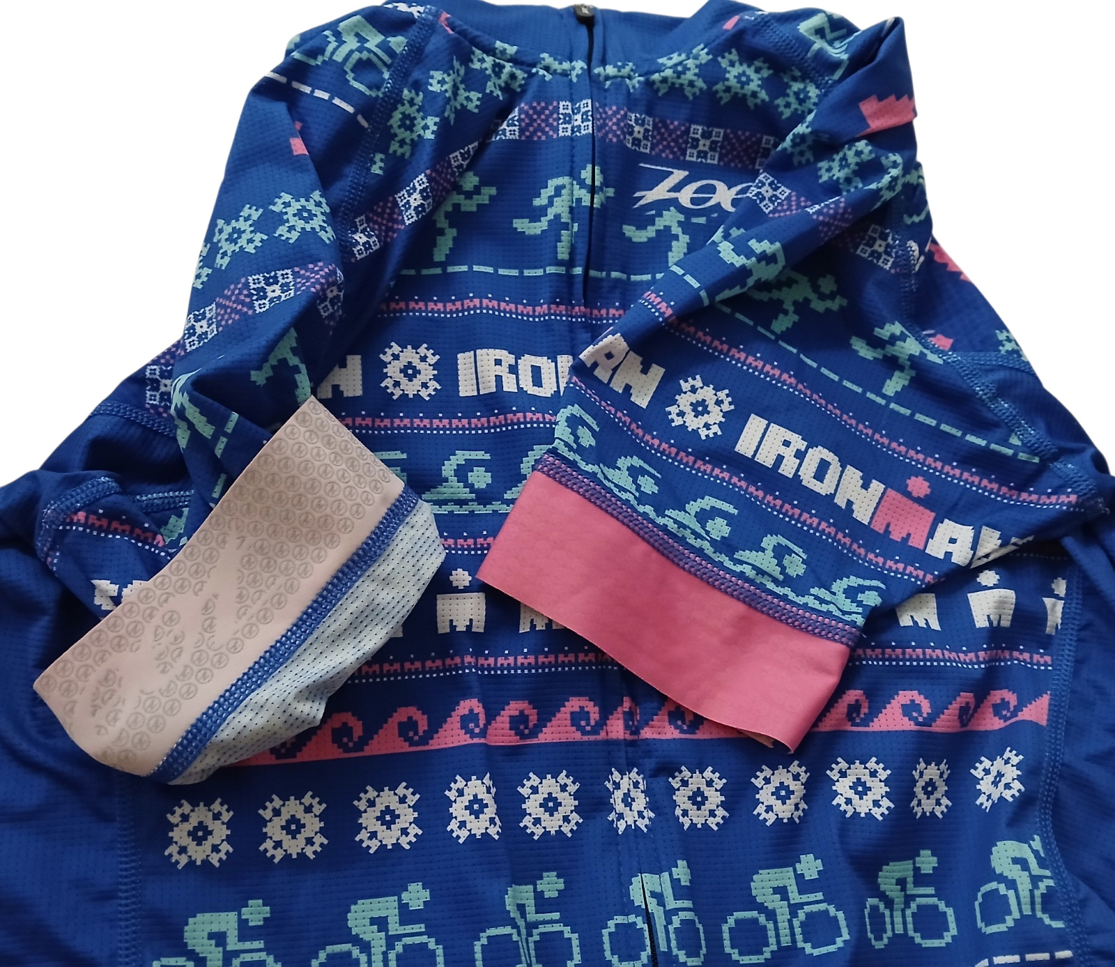Zoot Ironman Cycling Jersey Womens Medium Holiday Short Sleeve Full Zip Web Mesh