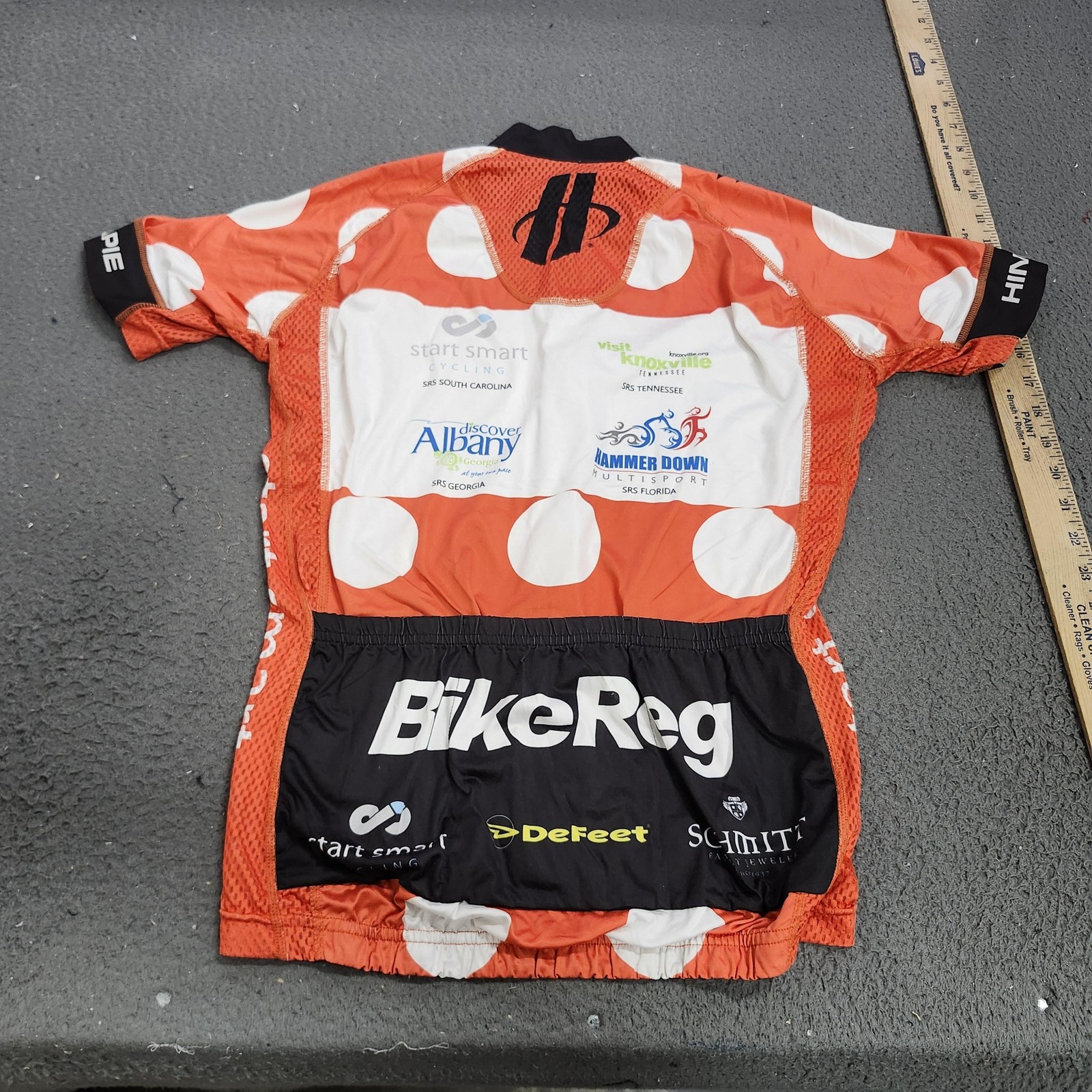 Hincapie SRS BikeReg Cycling Jersey Mens Small Orange Polka Dot Full Zip Shirt