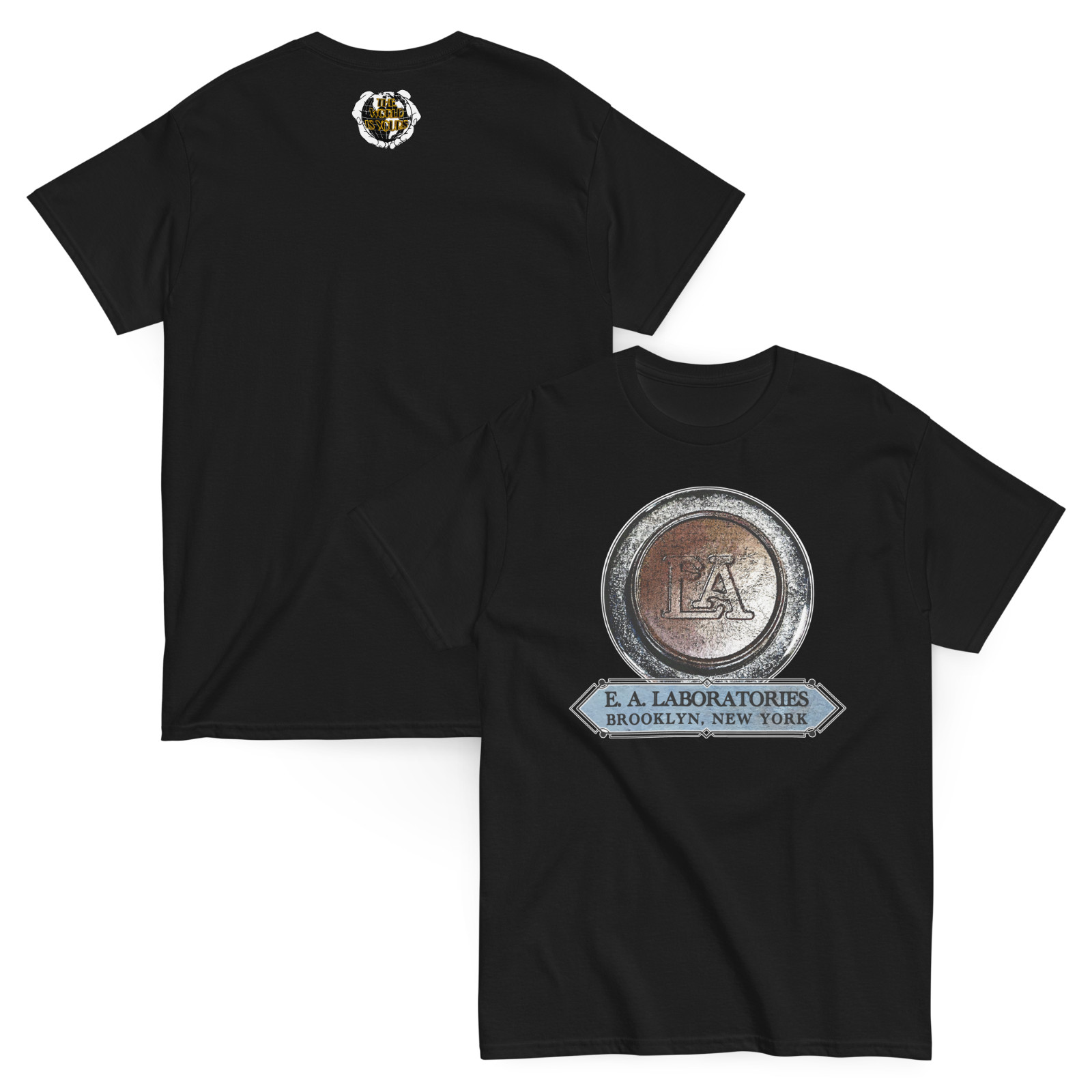 E.A. LABORATORIES Art-Deco t-shirt (S-5XL) – prewar bicycle horn, EA Labs, light