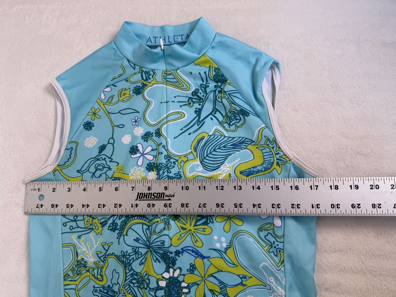 Athleta Women Sleeveless Cycling Jersey Tank Top Floral Blue Green Mock Neck Zip