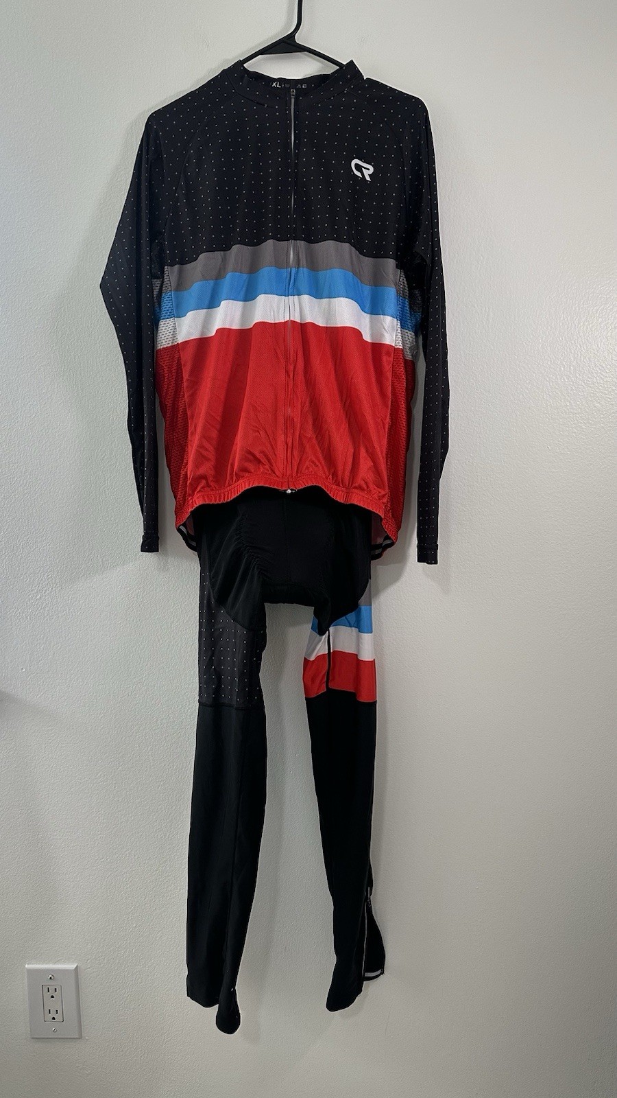 Men’s Cycling Jersey Bib Tights Set Long Sleeve Red Black Blue Padded XL