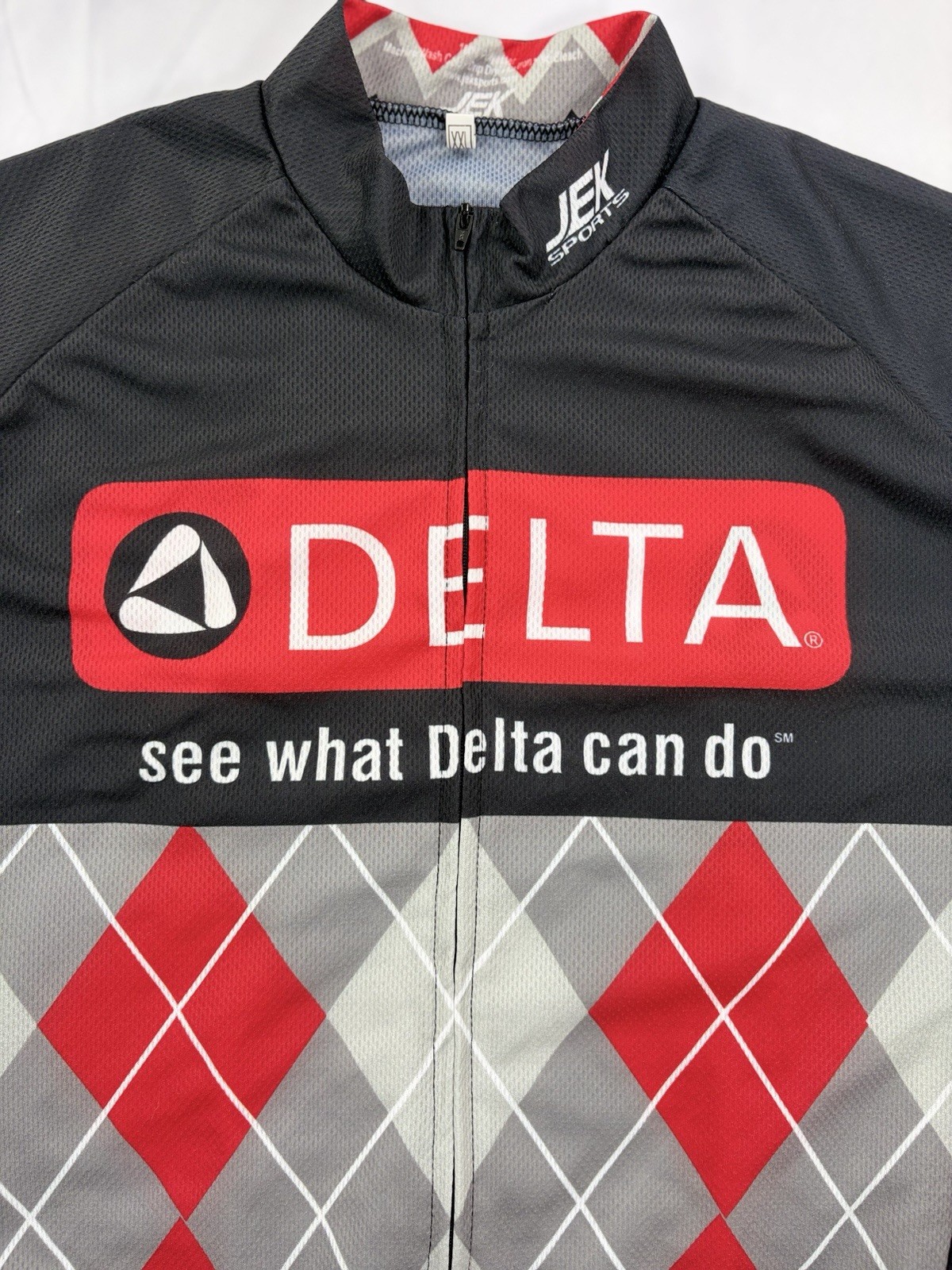 JEK Sports Delta Cycling Jersey Men’s XXL Black Red Argyle Full Zip Short Sleeve