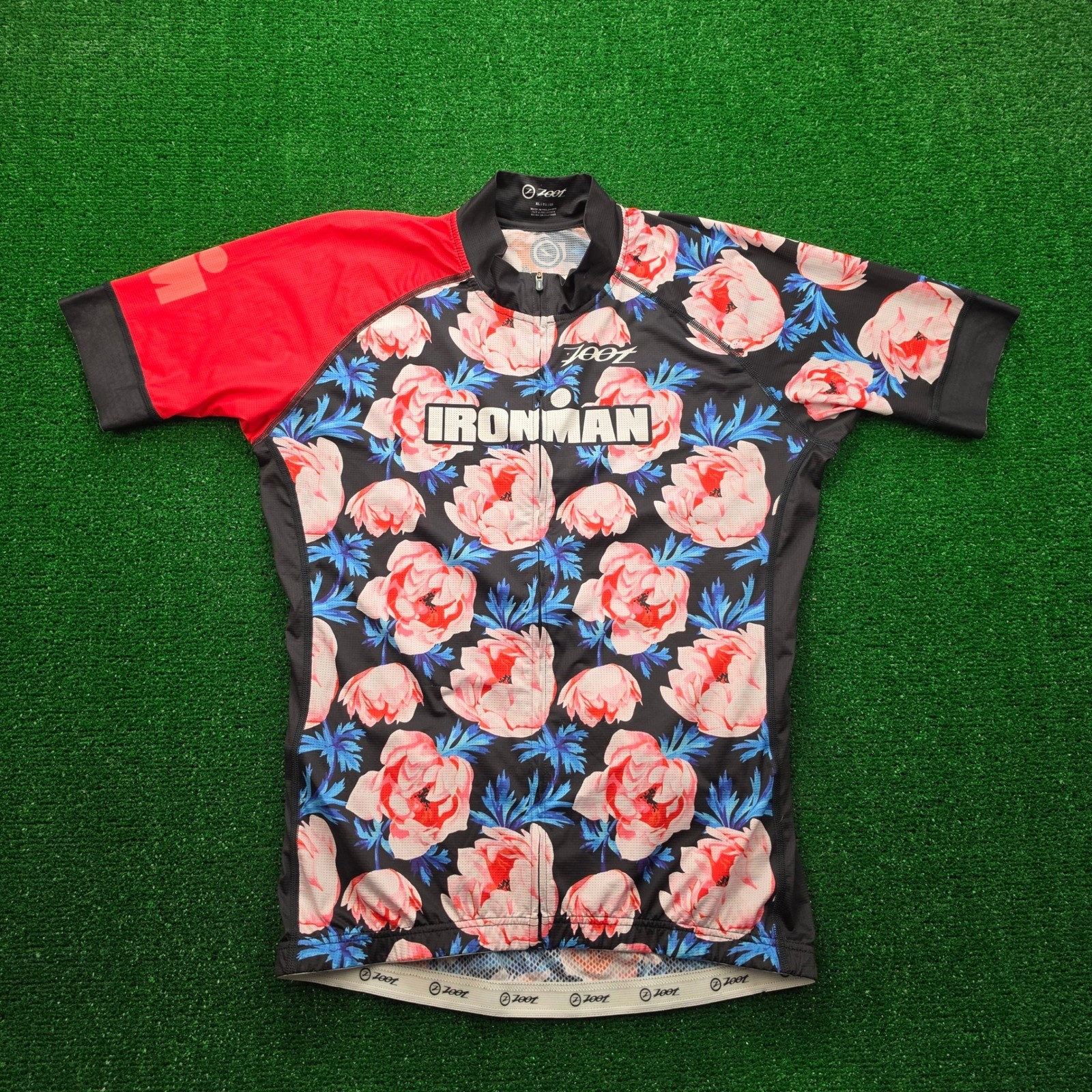 Zoot Sports Ironman Floral Cycling Jersey Mens XL Blue Red Short Sleeve Bike Top