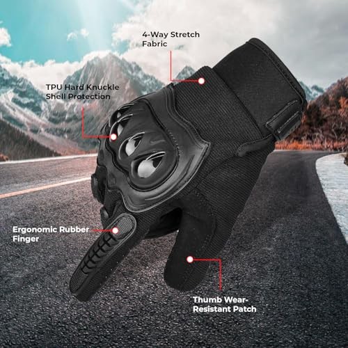 AXIZ Motorcycle Gloves for Men and Women, Full Finger Knuckle Large Black