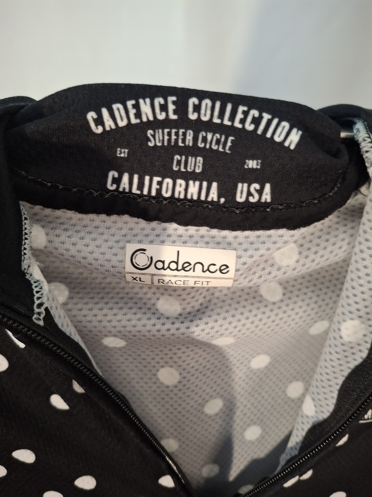 Cadence Men’s XL Race Fit Cycling Jersey Full Zip Pockets Polka Dot Black/White