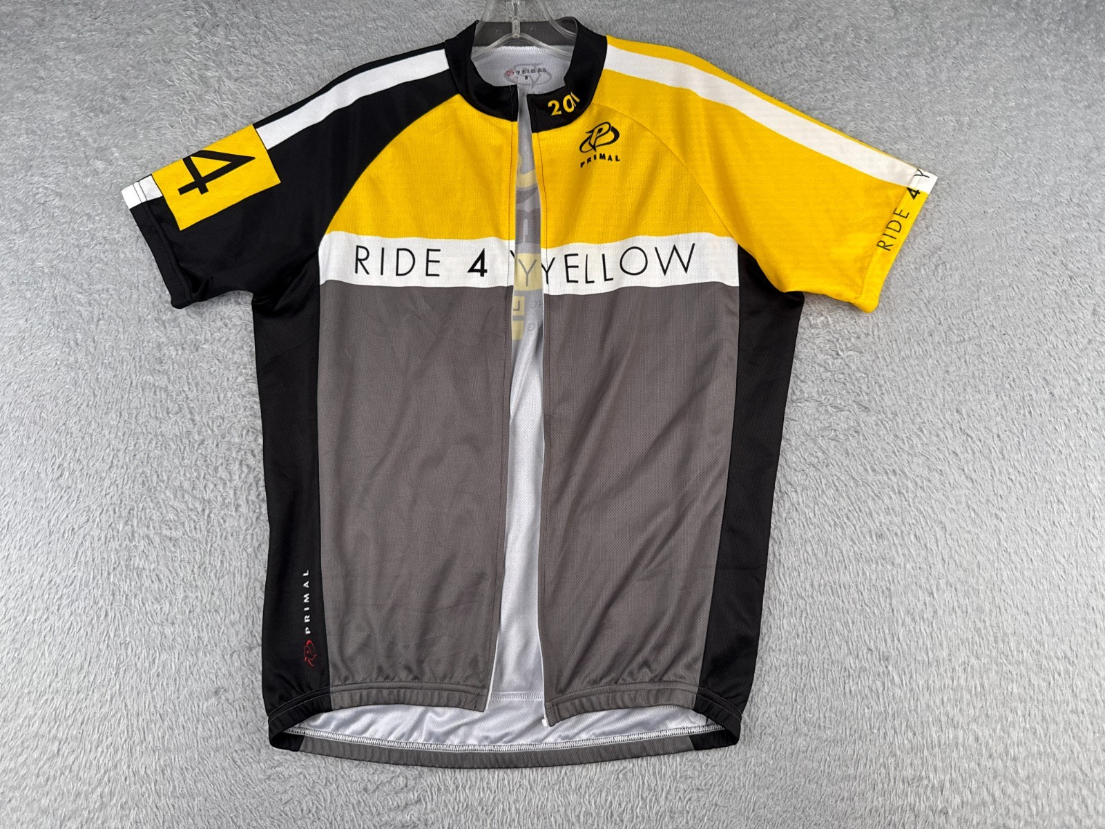 Primal Cycling Jersey Mens Medium Gray Yellow Full Zip Livestrong BAD ZIPPER