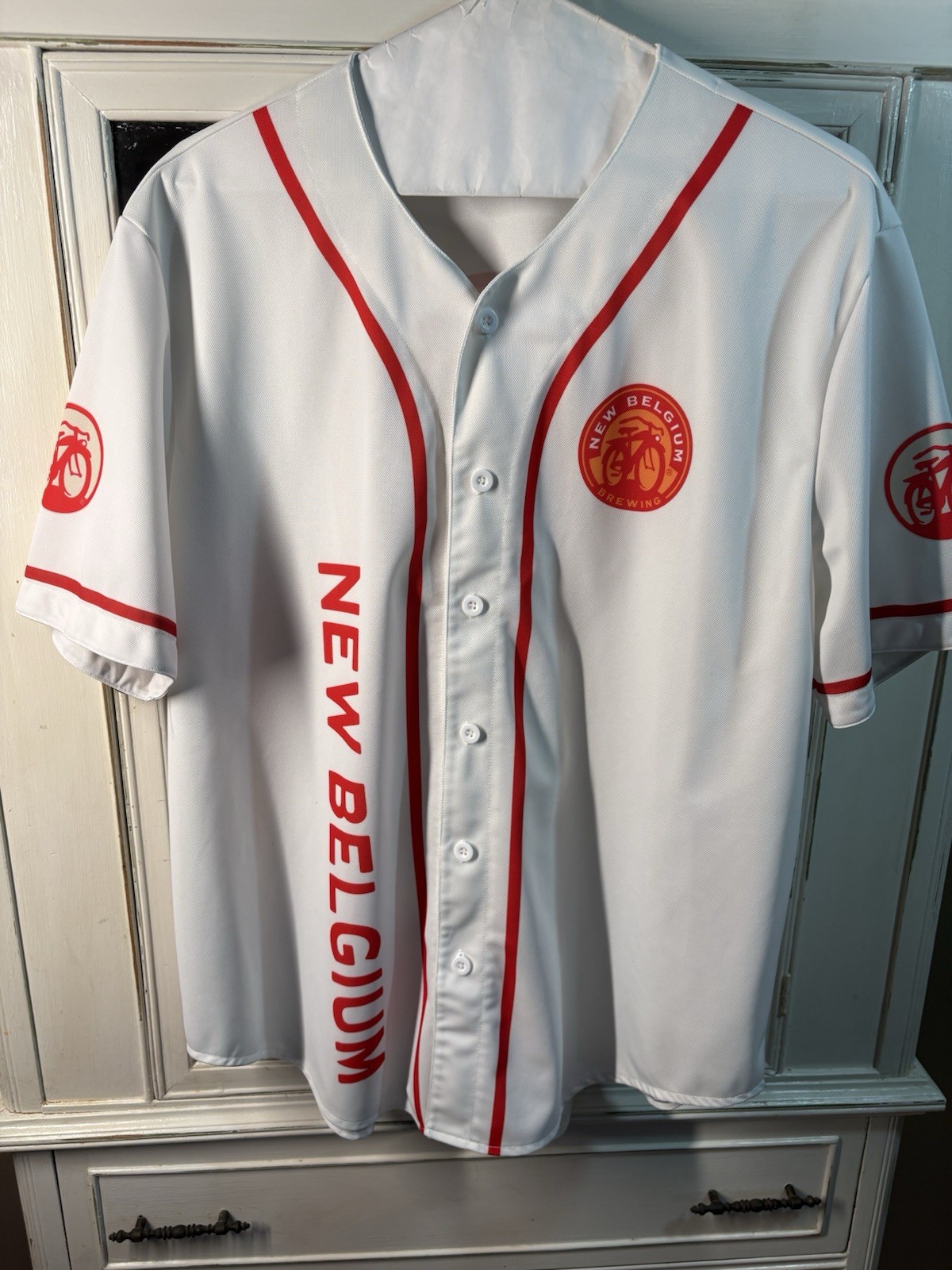 New Belgium Brewing Men’s M Cycling Jersey White/Red Button Front Mesh Logo