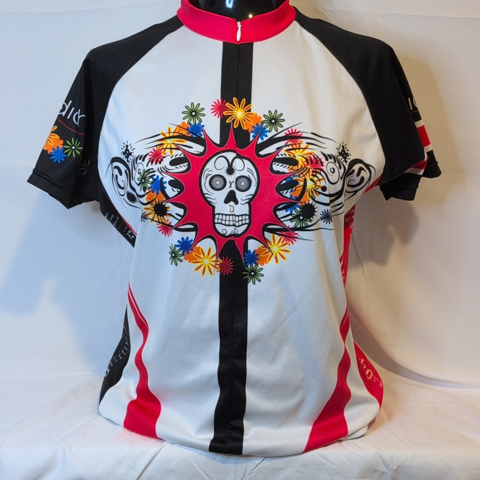 Bicidichi Skull Flower Graphic Cycling Jersey L Black White Red 3/4 Zip Pockets