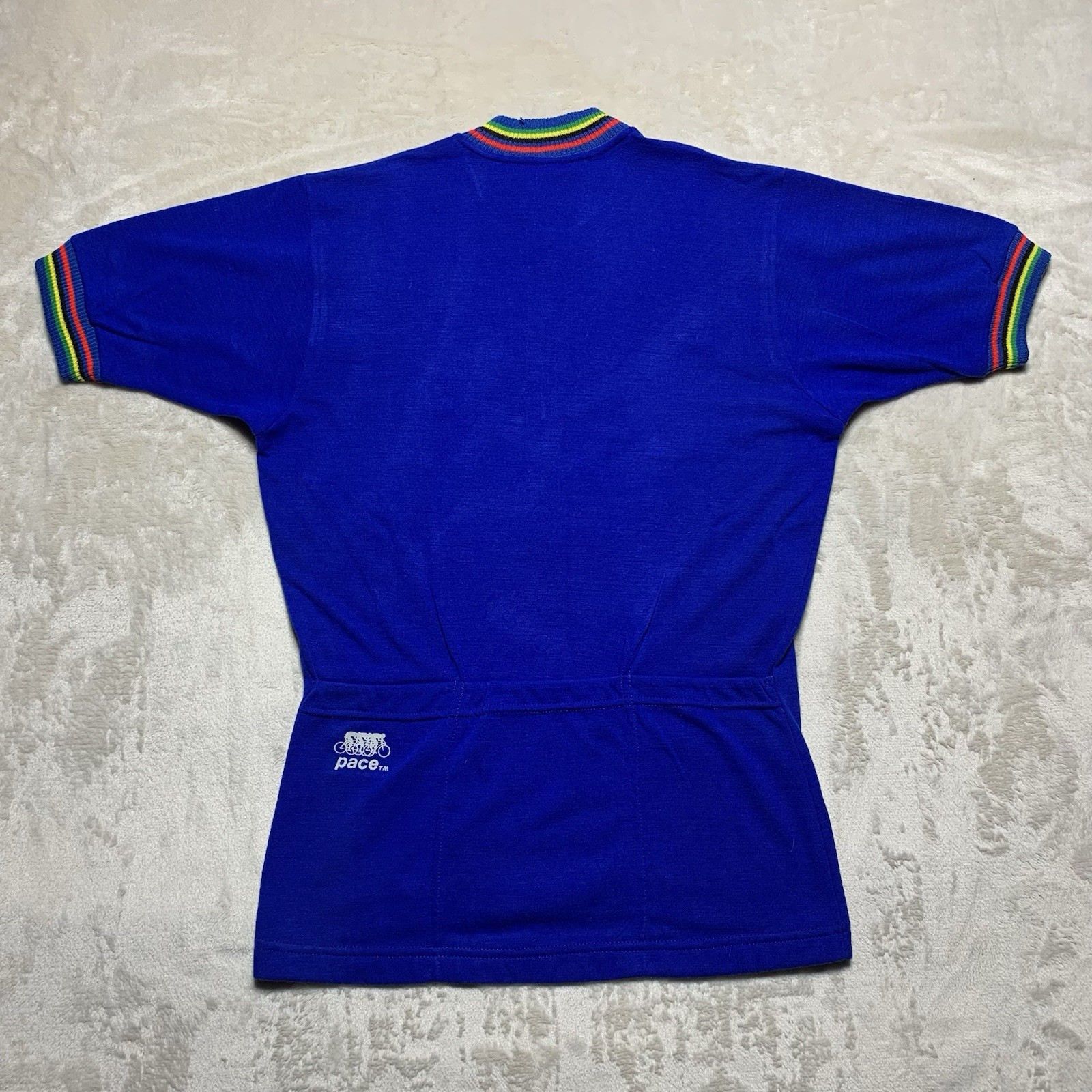Vintage Pace Cycling Jersey Men’s Small 100% Merino Wool Knit Rainbow 70s USA *