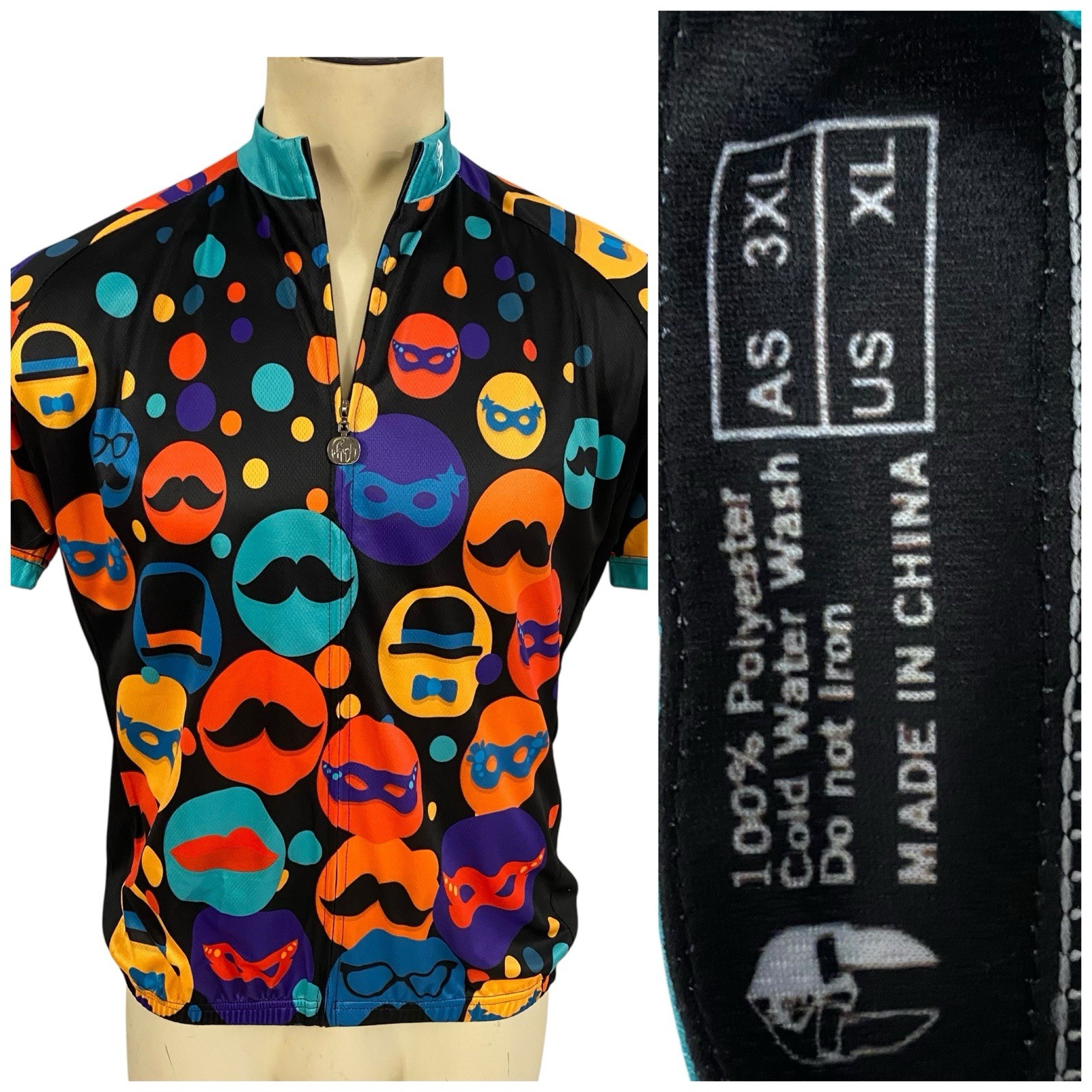 Ilpaladino Cycling Jersey Womens XL Mustache Hat Full Zip Pockets Short Sleeve