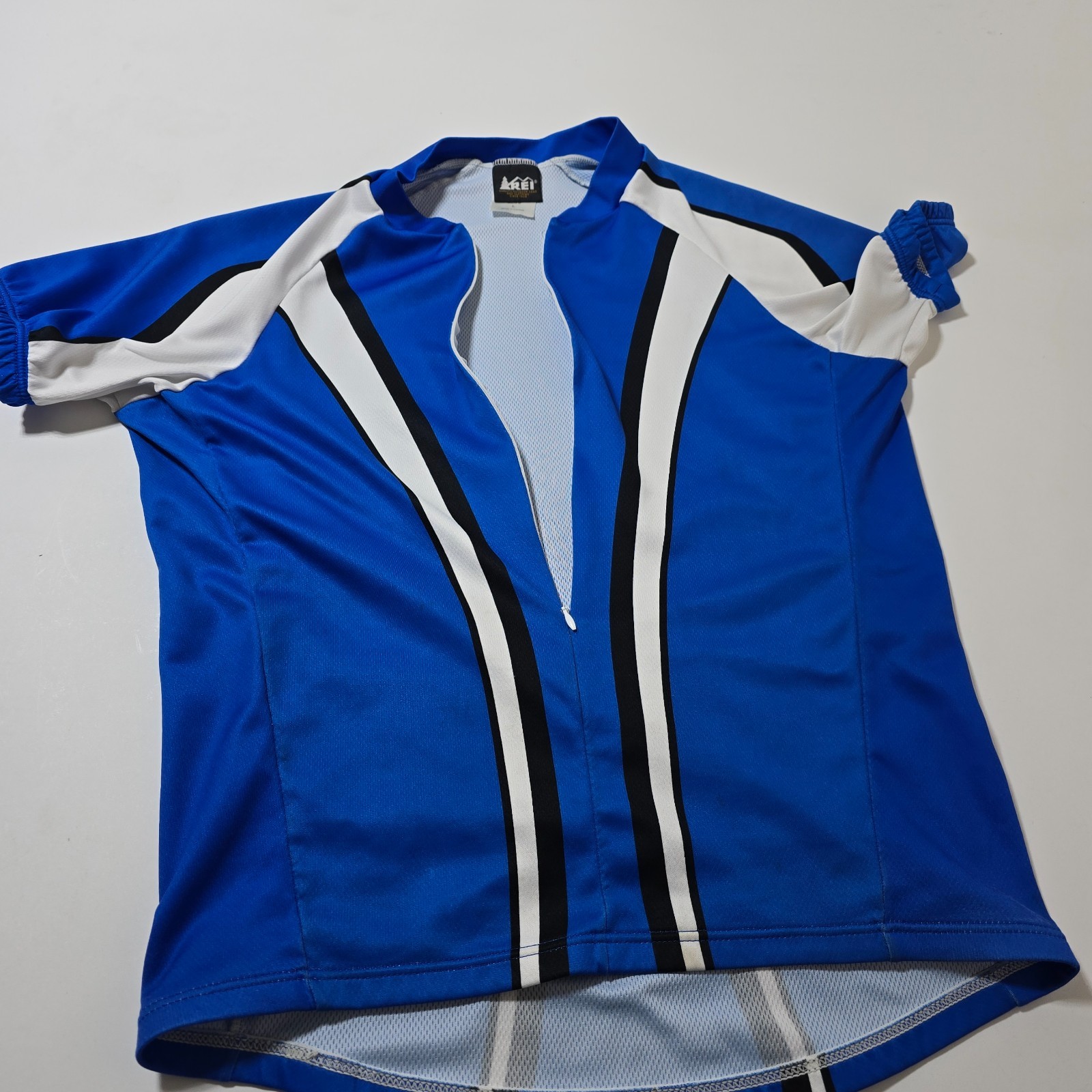 REI Cycling Jersey Mens L Blue Mesh Lined Short Sleeve Half Zip Athletic Outdoor