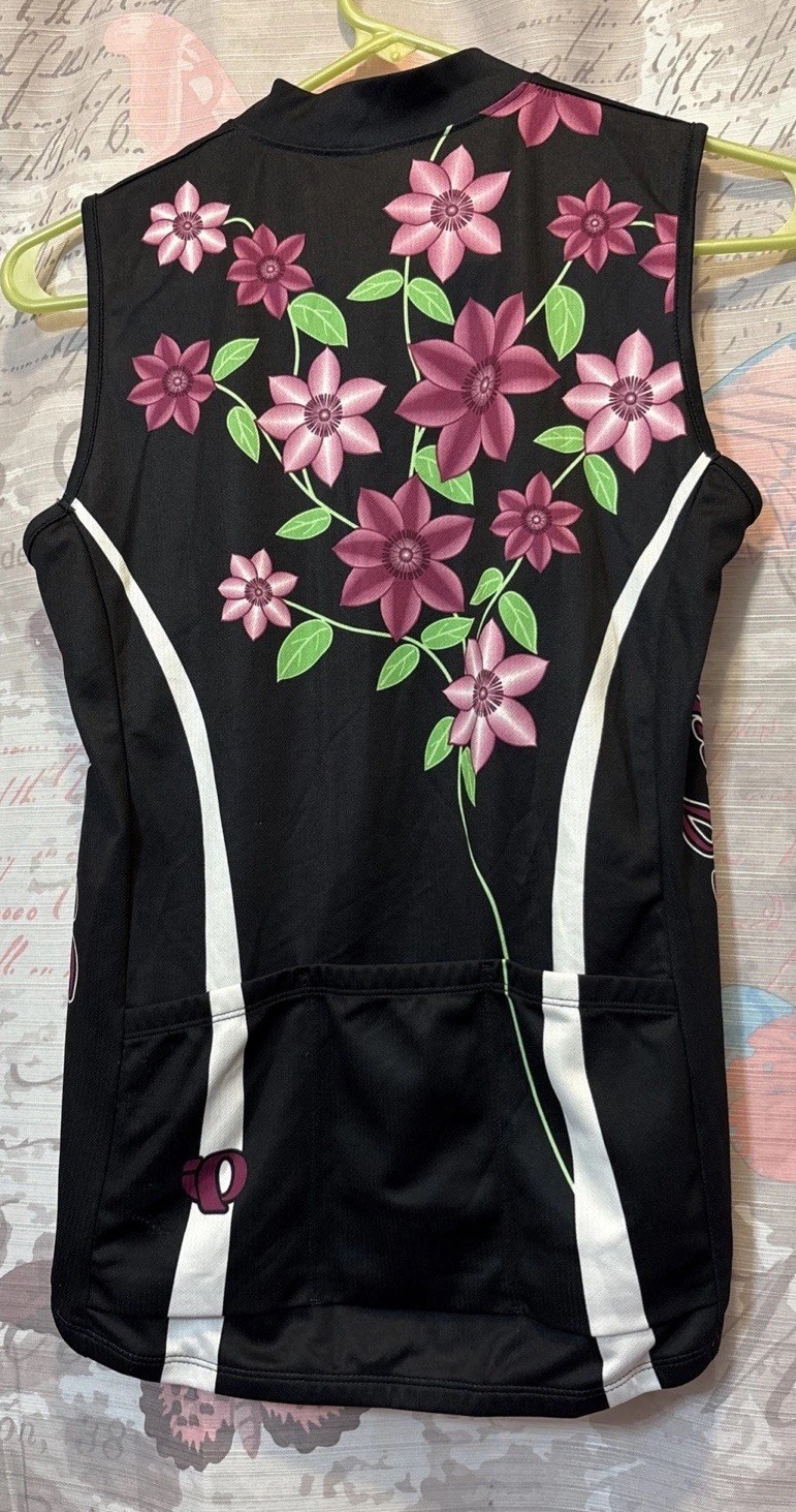 PEARL IZUMI Sz Small Cycling Shirt Sleeveless Black Floral Print 3/4 Zipper