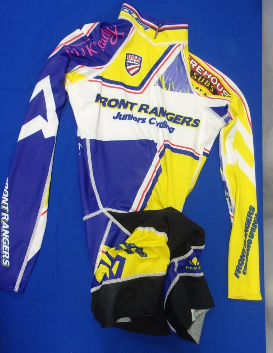 DESIGNER VOLER FRONT RANGERS PADDED YELLOW/ BLUE CYCLING SUIT WOMEN’S X-SMALL