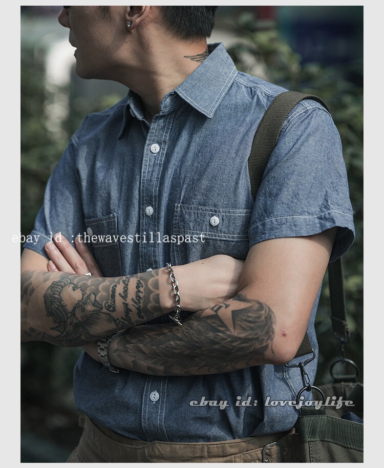 NON STOCK Chambray Short Sleeve Shirt Classic Men’s Regular Fit Workshirt Blue