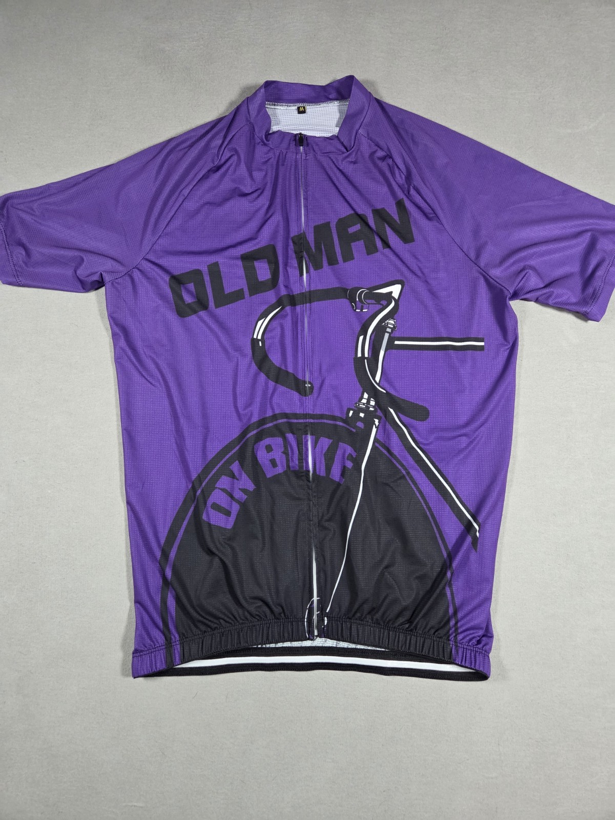 Old Man Cycling Jersey Size Medium Full Zip Purple and Black Short Sleeve