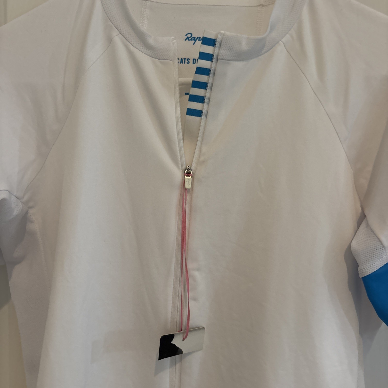 Rapha Women’s White Pro Team Short Sleeve Aero Jersey Size L Blue Detailing NWT
