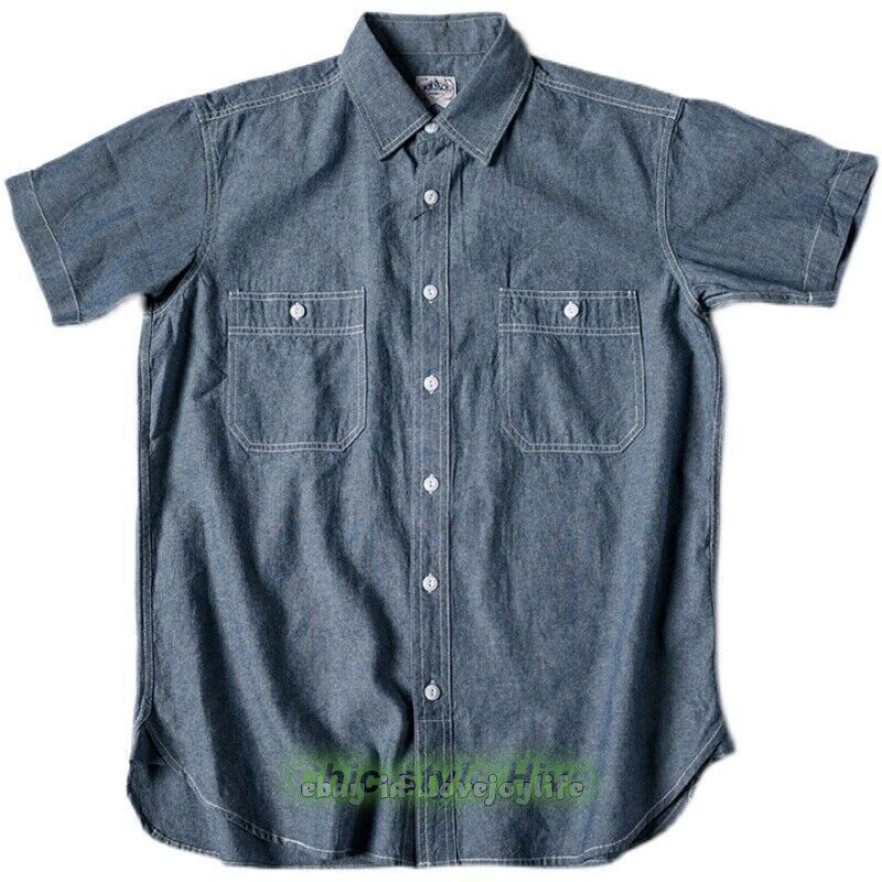 NON STOCK Chambray Short Sleeve Shirt Classic Men’s Regular Fit Workshirt Blue