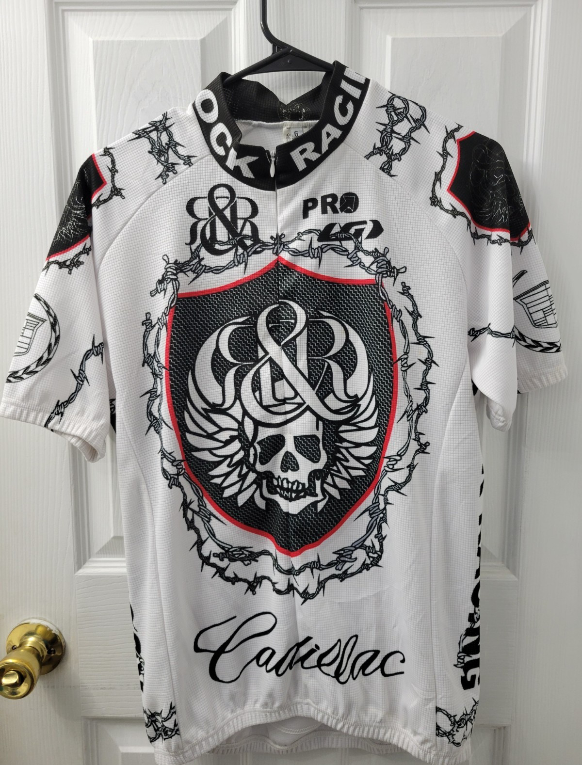 Rock Racing Cycling Mens XL Shirt Cadillac Skull White Black Red EUC