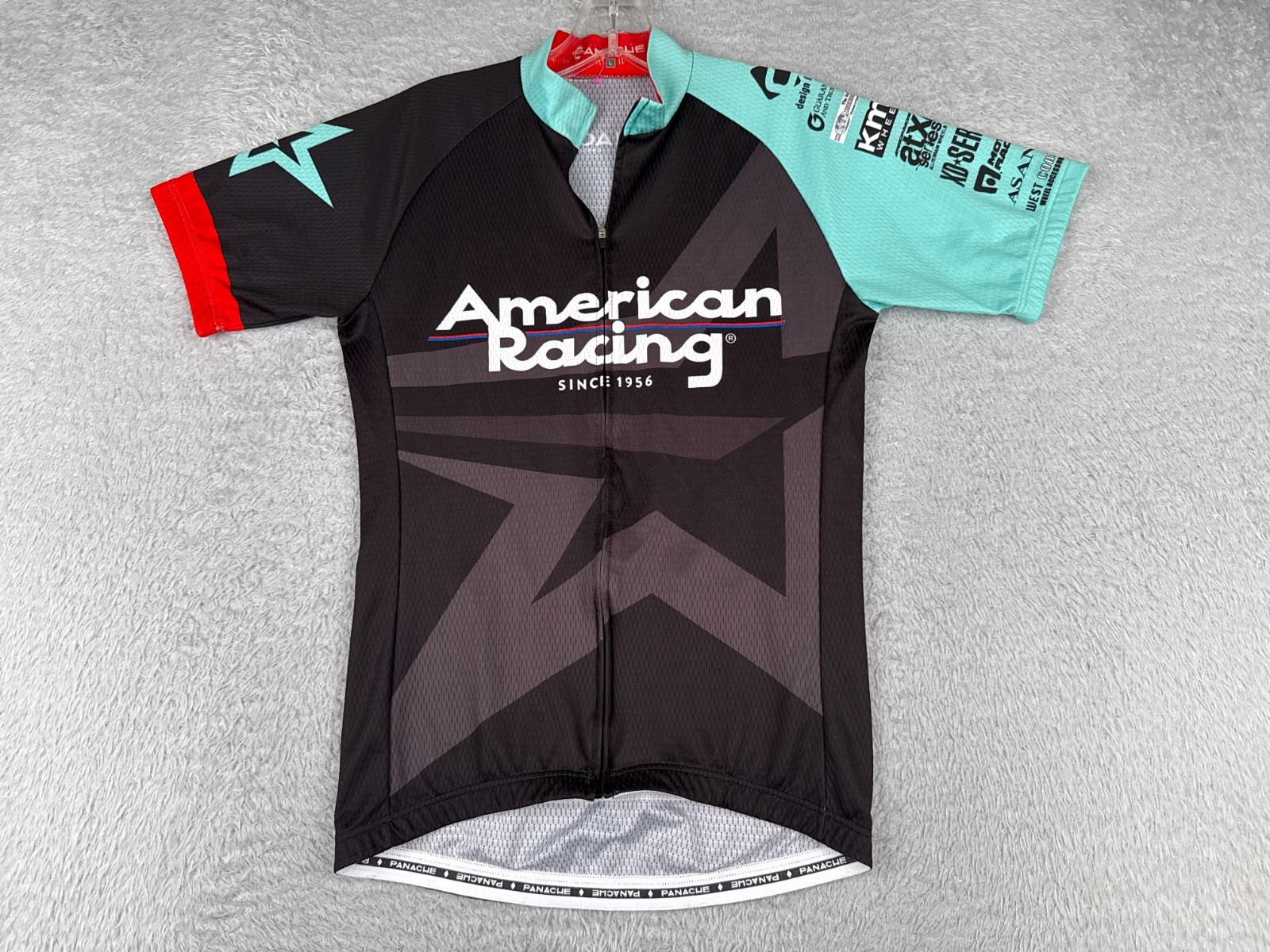 Panache Cycling Jersey Women Large Black Teal American Racing Full Zip Polyester