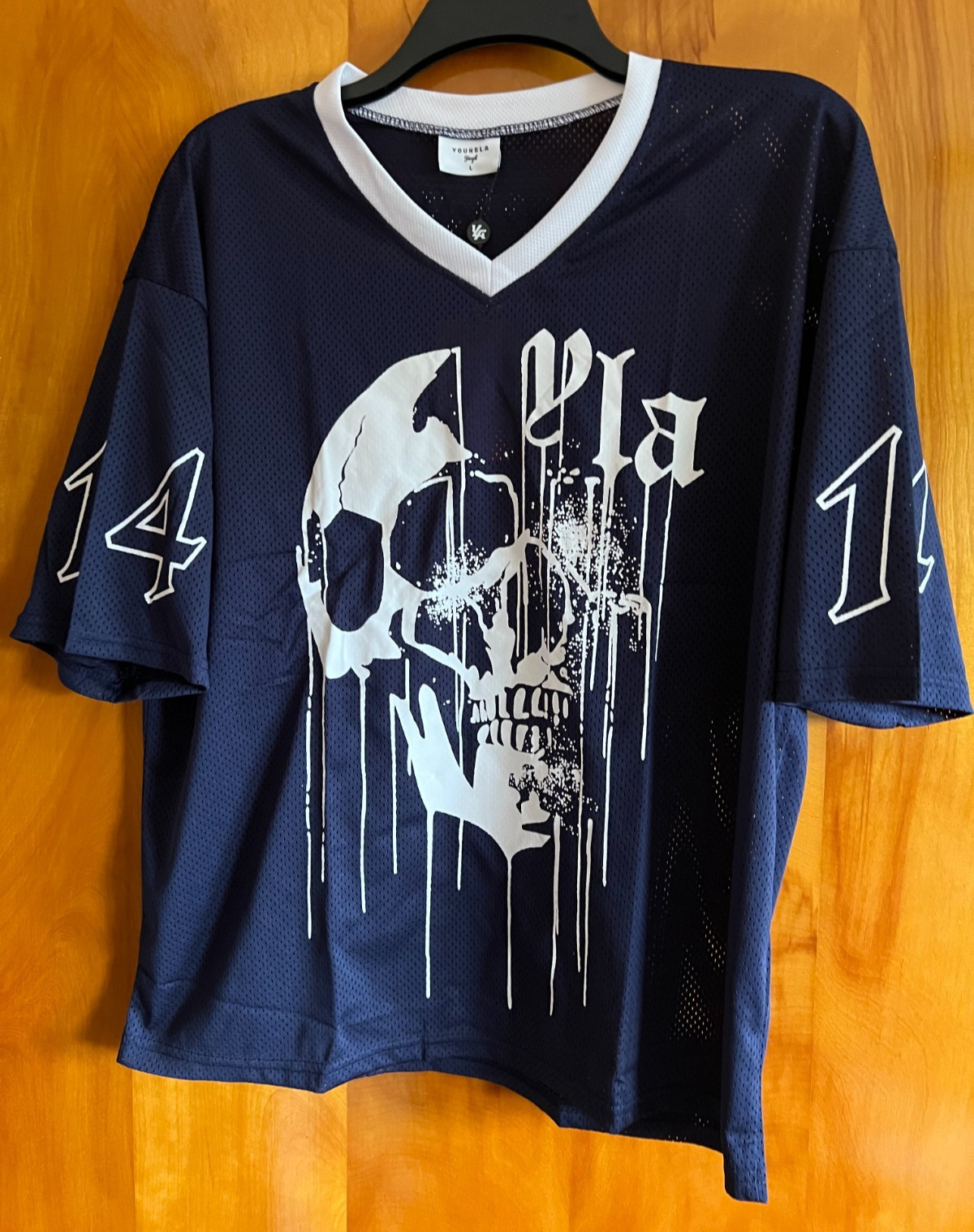 NWT YOUNGLA Large Navy Mesh Drippy Skull Jersey