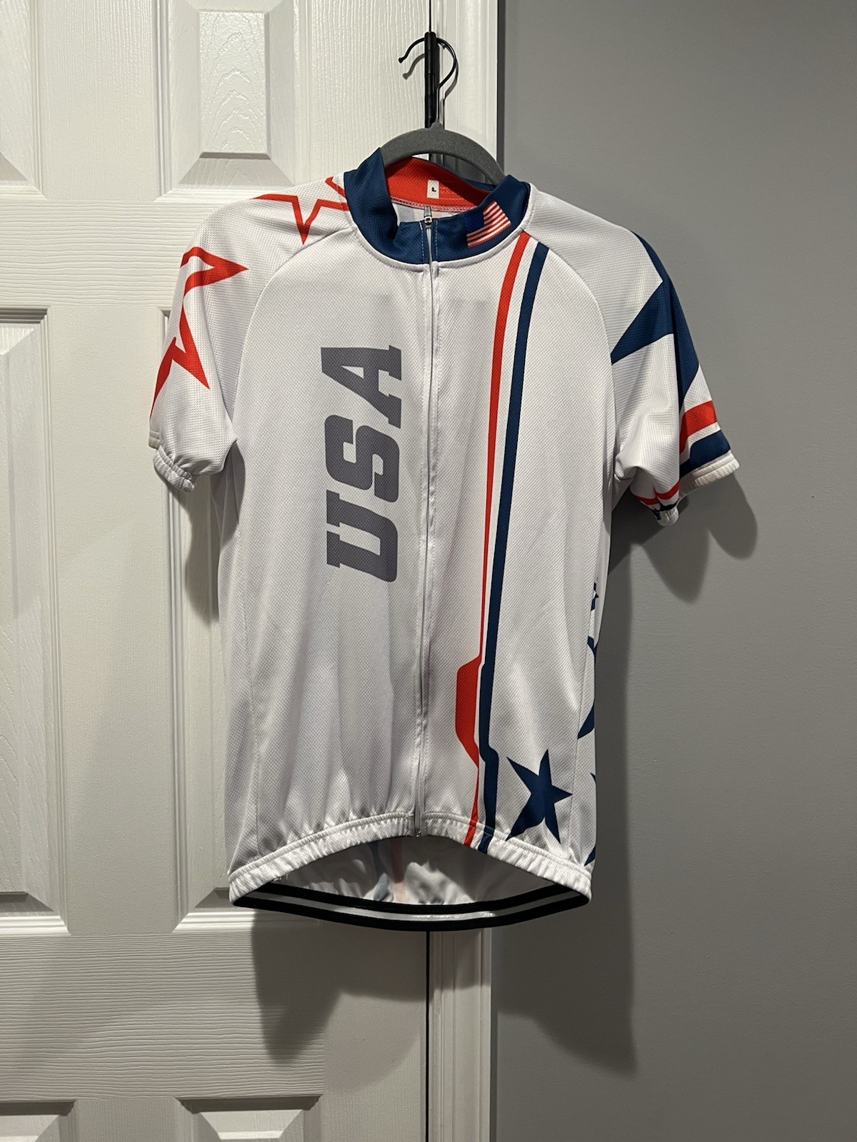 USA Cycling Jersey Men’s Large Red White Blue Stars Stripes Full Zip Bike Shirt