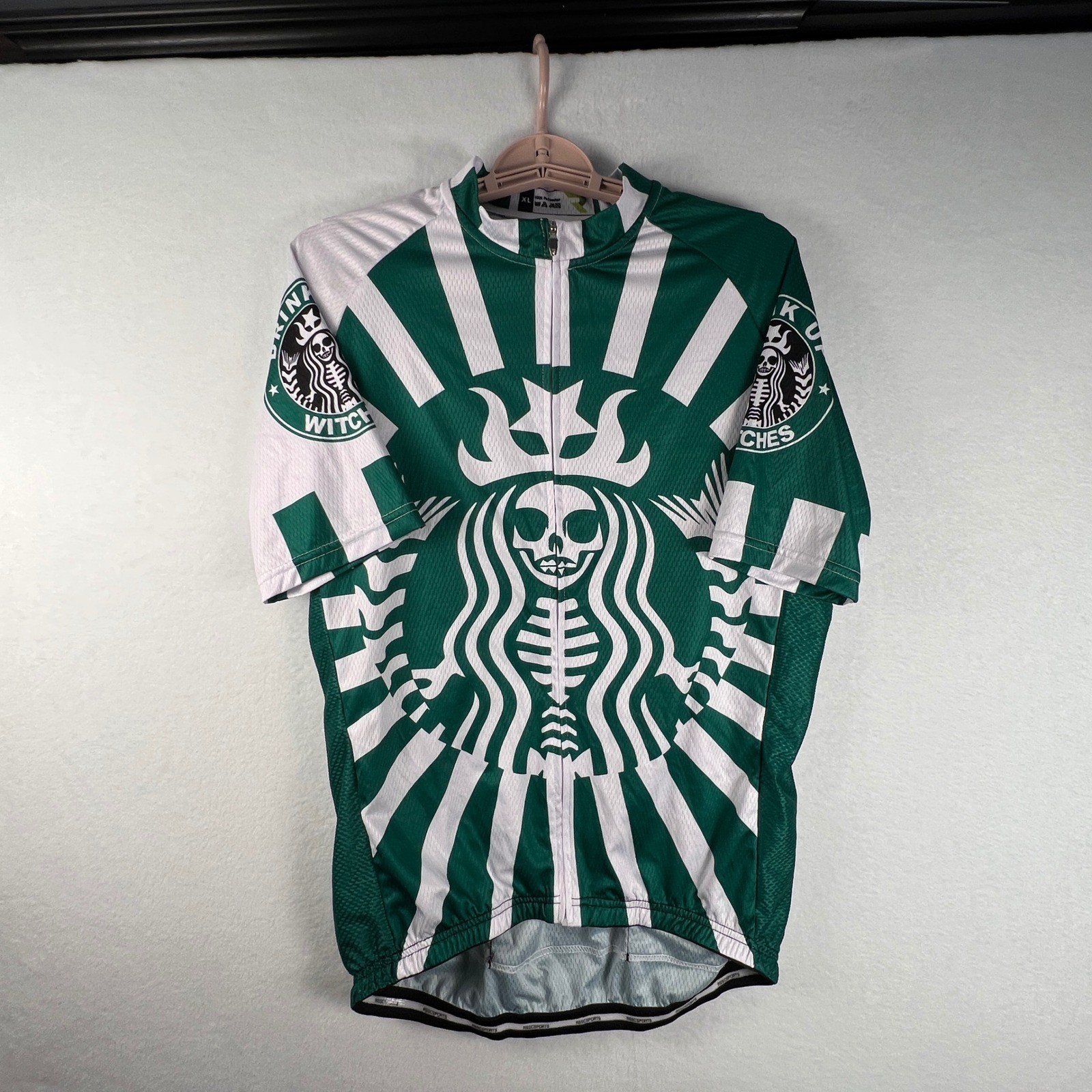 RSSC SPORTS Drink Up Witches Cycling Jersey XL Green White Skeleton Siren Parody