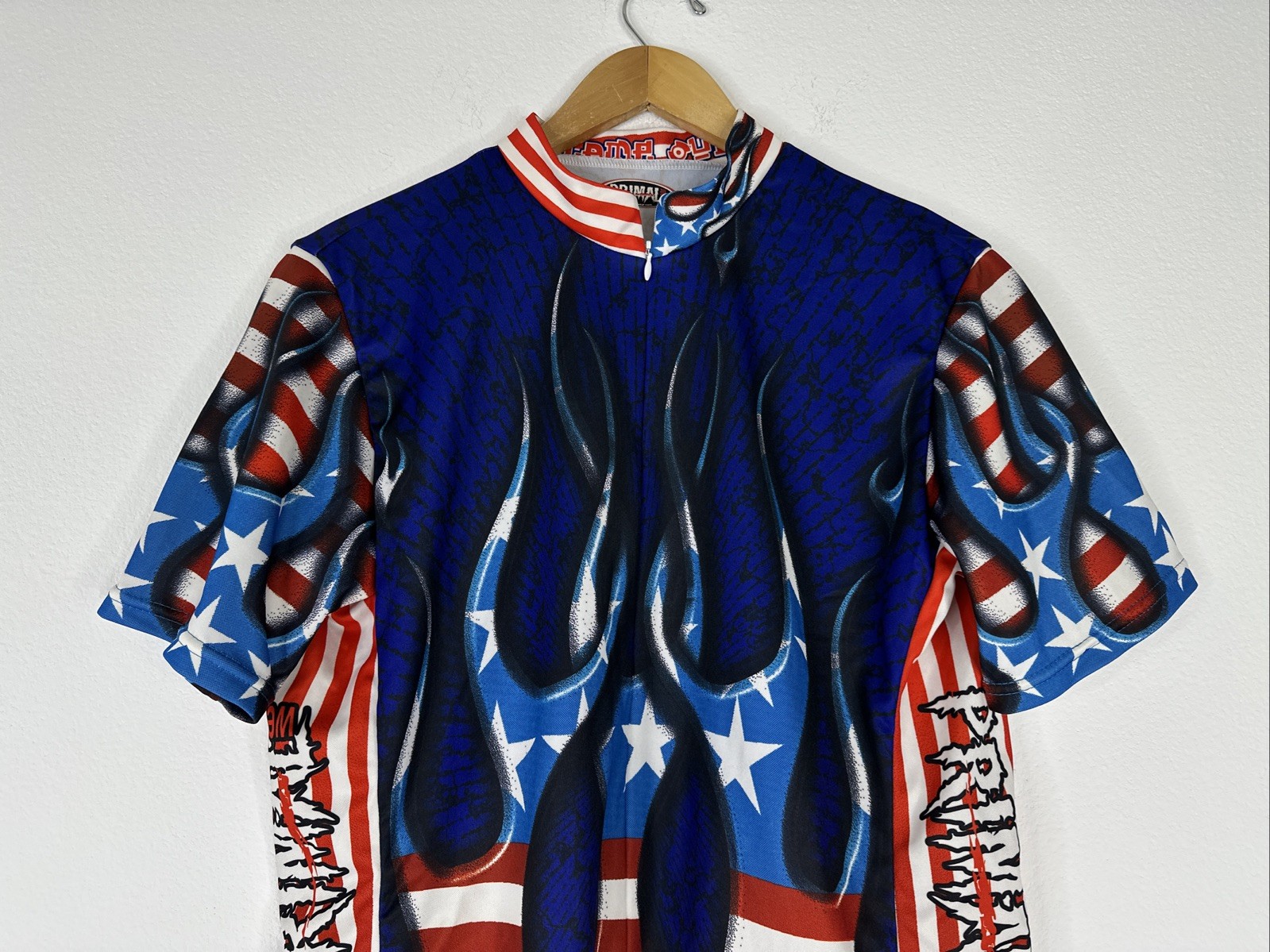 Men’s Primal Wear Flame Out USA Flag 3/4 Zip Coolmax Club Cycling Jersey Size L