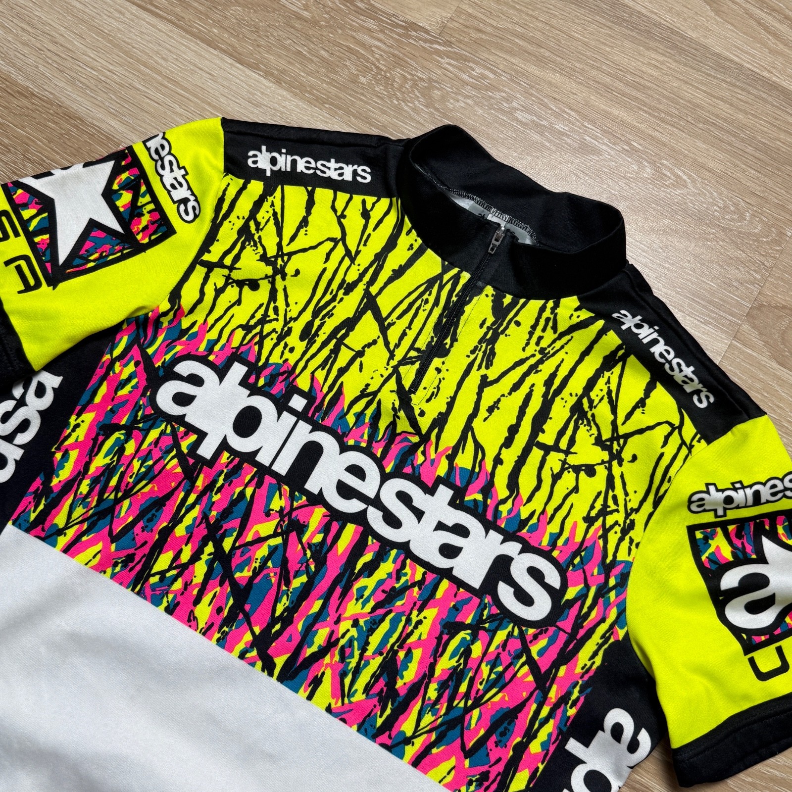 Rare Vintage 90s Alpinestars USA Cycling Retro Jersey Neon Splatter T-Shirt Sz L