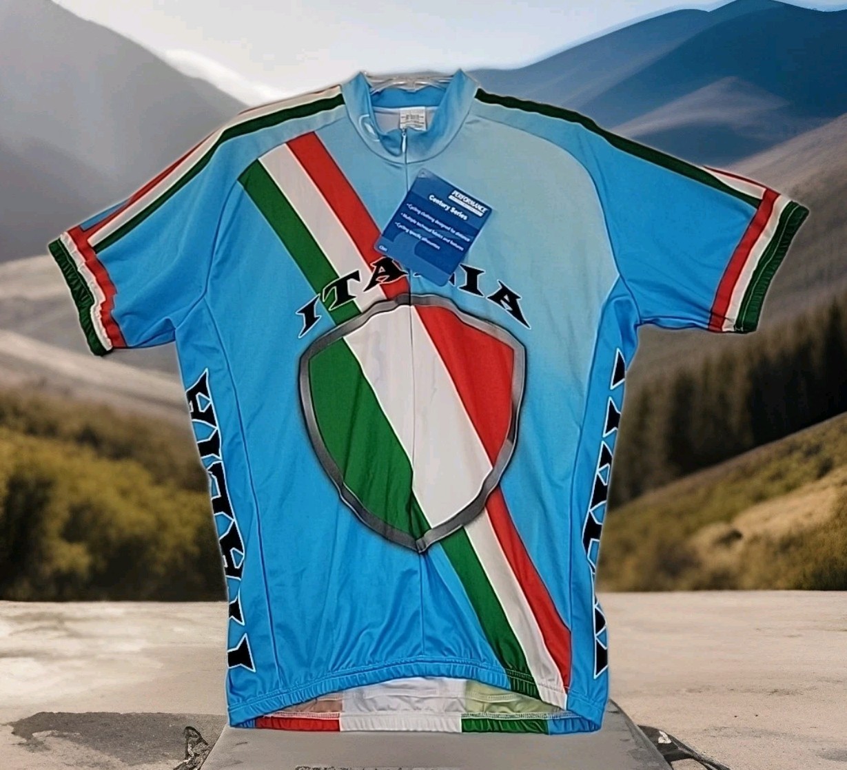 Italy Flag Cycling Shirt XL Blue All Over Print 3/4 Zip Back Pockets Bicycle NWT