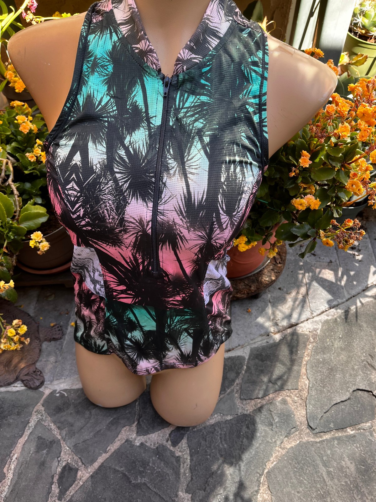SHE BEEST Womens S 3/4 Zip Sleeveless Cycling Jersey Majestic Palm Trees Design