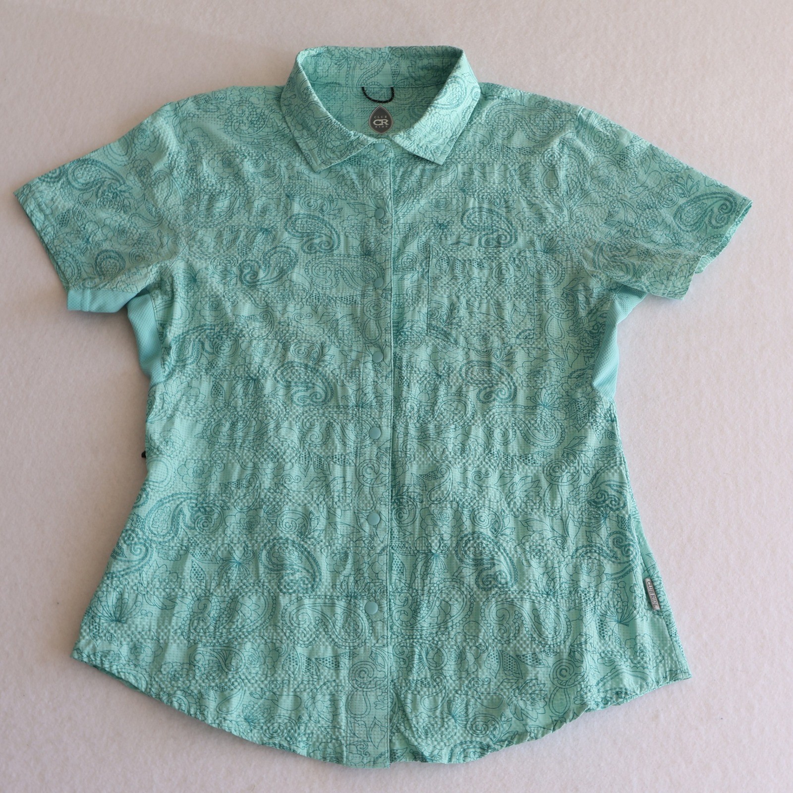 Club Ride Shirt Women’s Small Blue Graphic Print Snap Up Top Performance Cycling