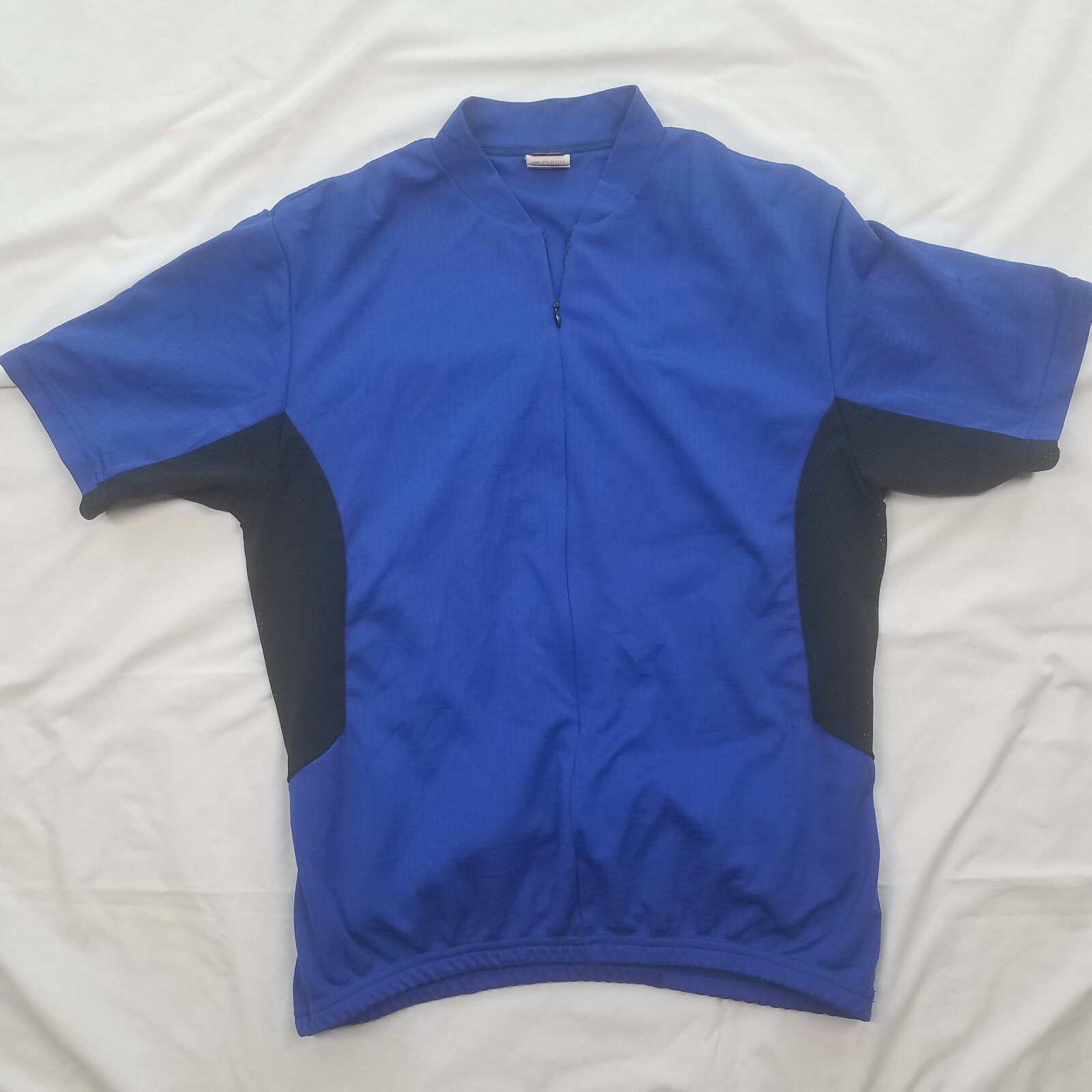VTG REI Bicycle Cycling Jersey 1/8 Zip Rear Pouch Blue w Black Mesh Sq Stitch M