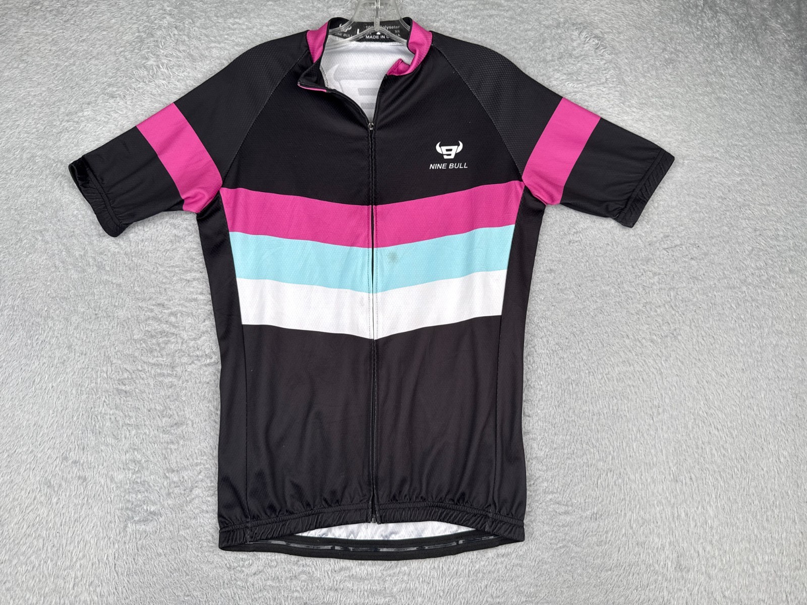 Nine Bull Cycling Jersey Adult Large Pink Black Blue Full Zip Short Sleeve Poly