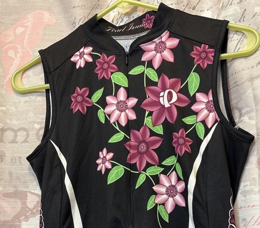 PEARL IZUMI Sz Small Cycling Shirt Sleeveless Black Floral Print 3/4 Zipper