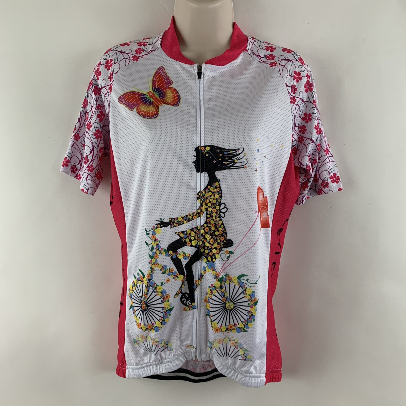 NWT Teleyi Women’s XL Floral Cycling Shirt, Full Zip (Pink & White)