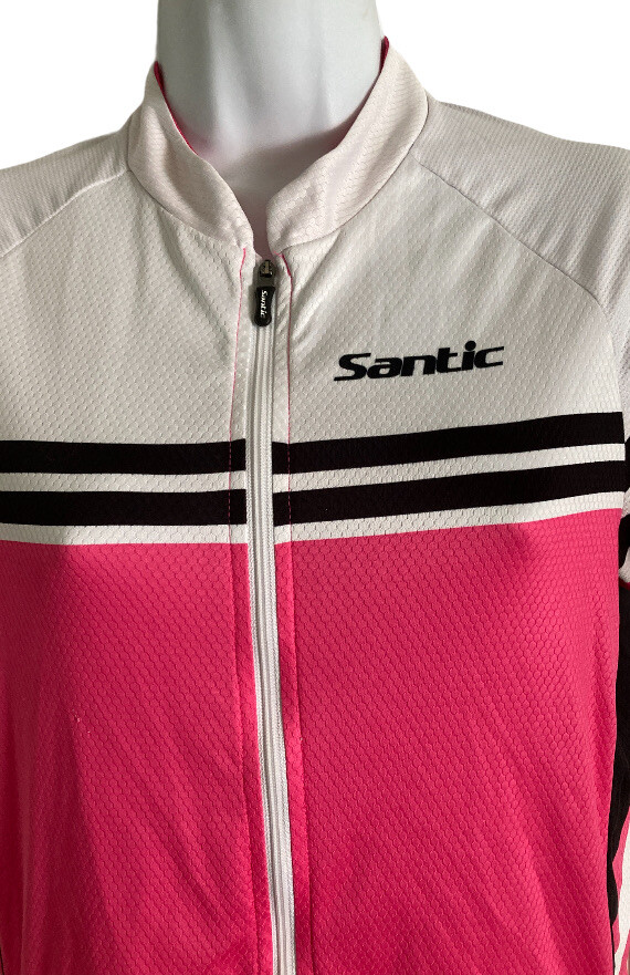 Santic Cycling Jersey Womens Sz Large Zip UP Short Sleeves Pink White Black
