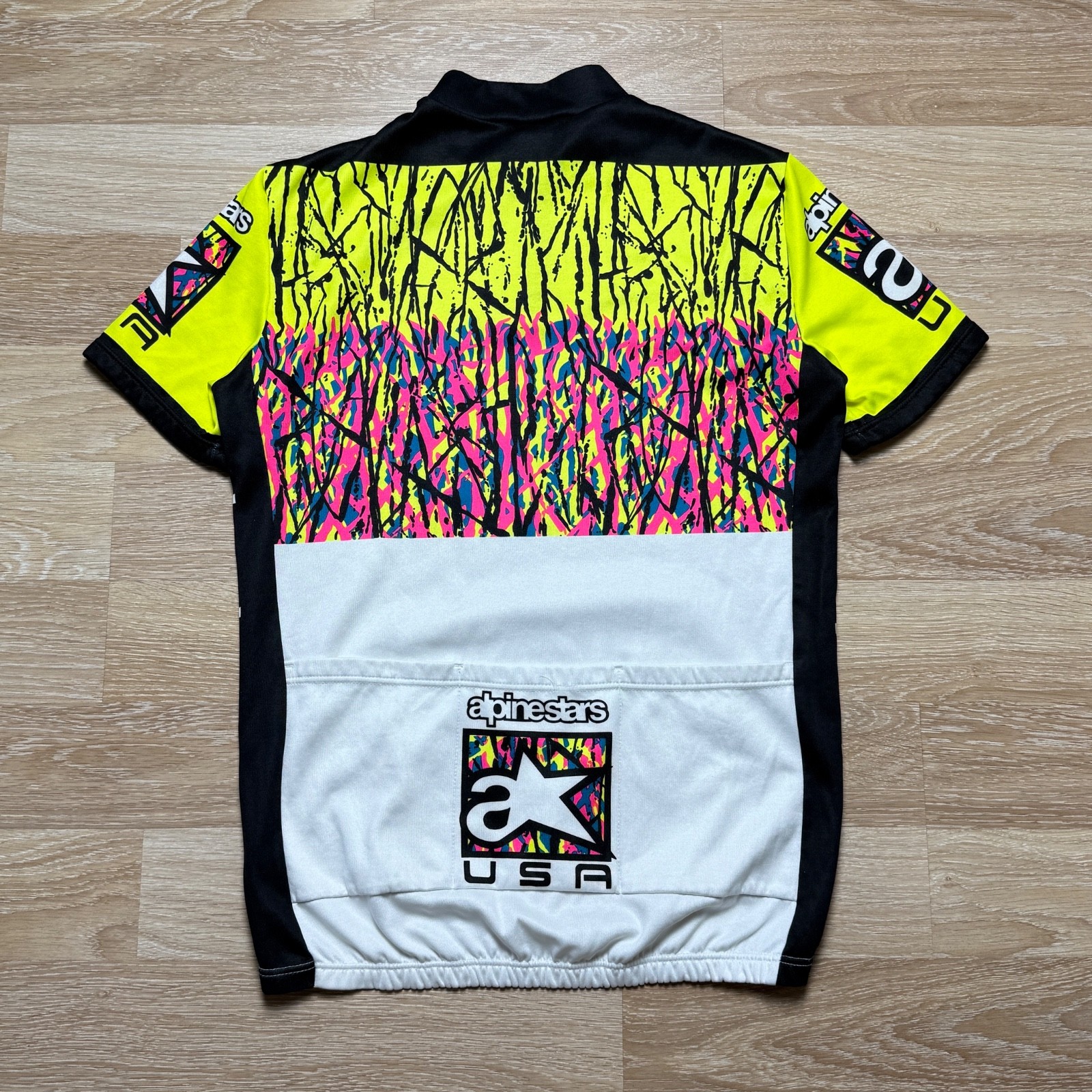 Rare Vintage 90s Alpinestars USA Cycling Retro Jersey Neon Splatter T-Shirt Sz L