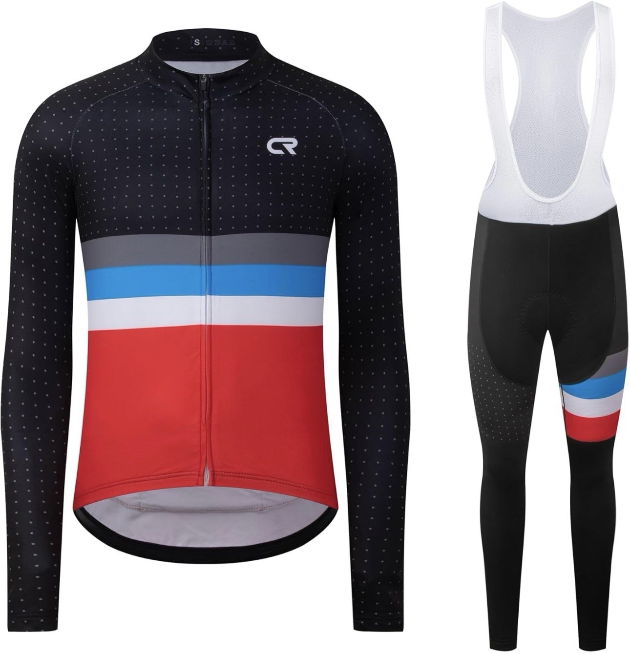 Men’s Cycling Jersey Bib Tights Set Long Sleeve Red Black Blue Padded XL