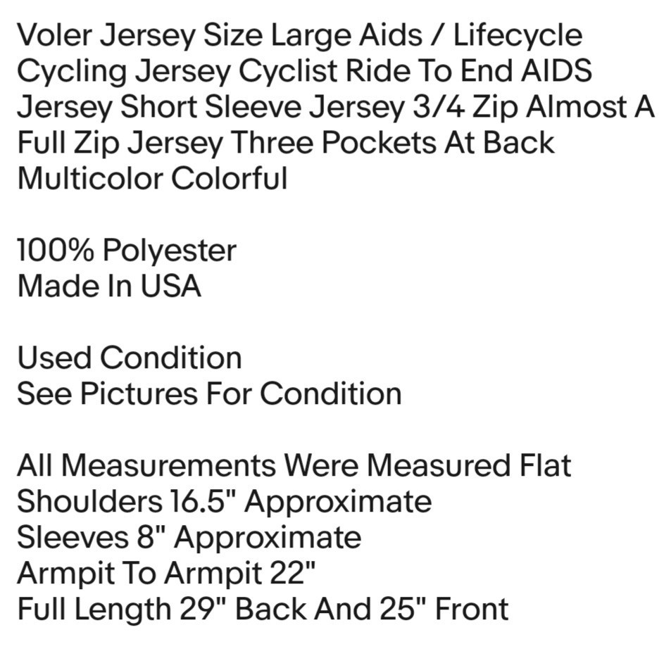 Voler Jersey Size Large Aids / Lifecycle Cycling Jersey Cyclist Ride To End AIDS