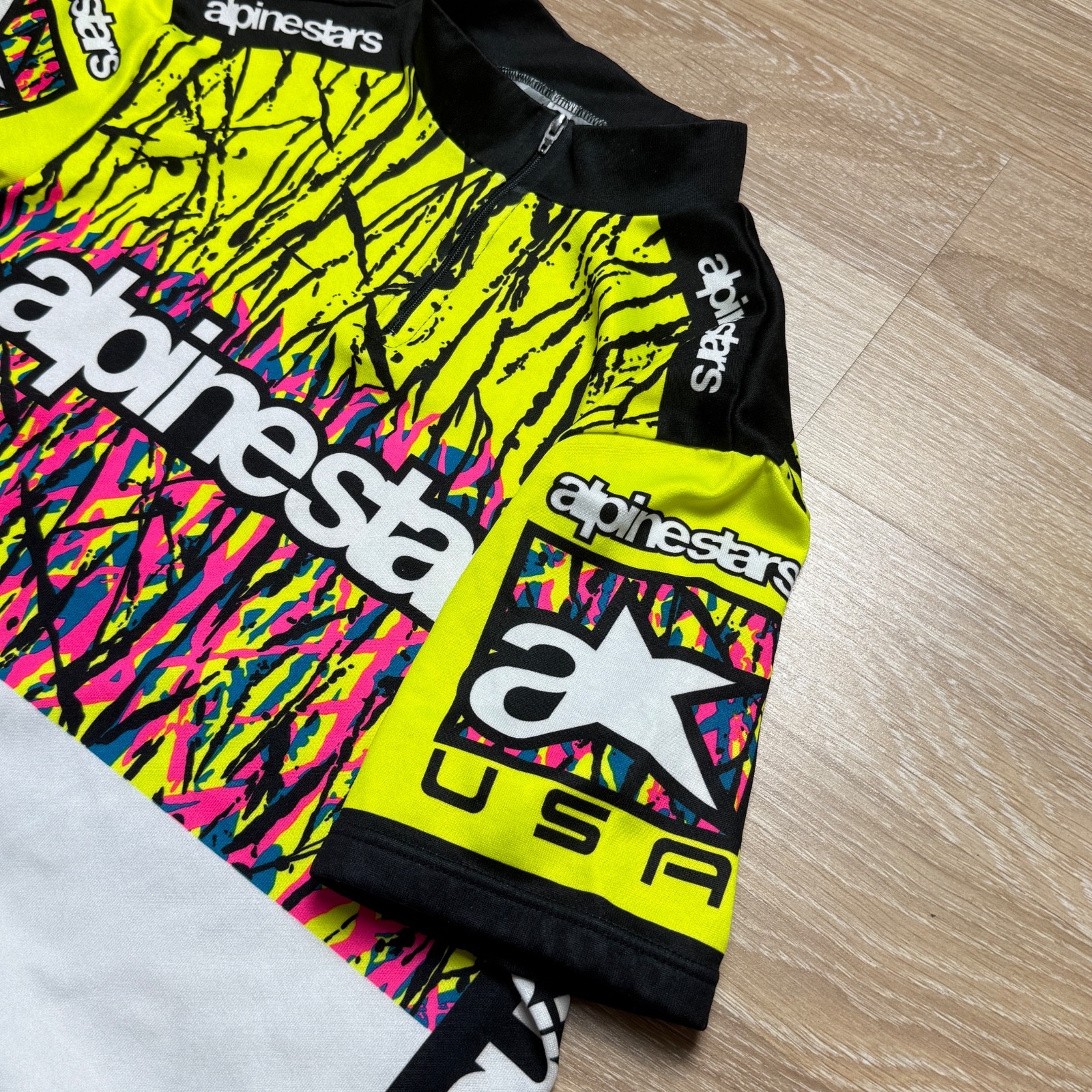 Rare Vintage 90s Alpinestars USA Cycling Retro Jersey Neon Splatter T-Shirt Sz L